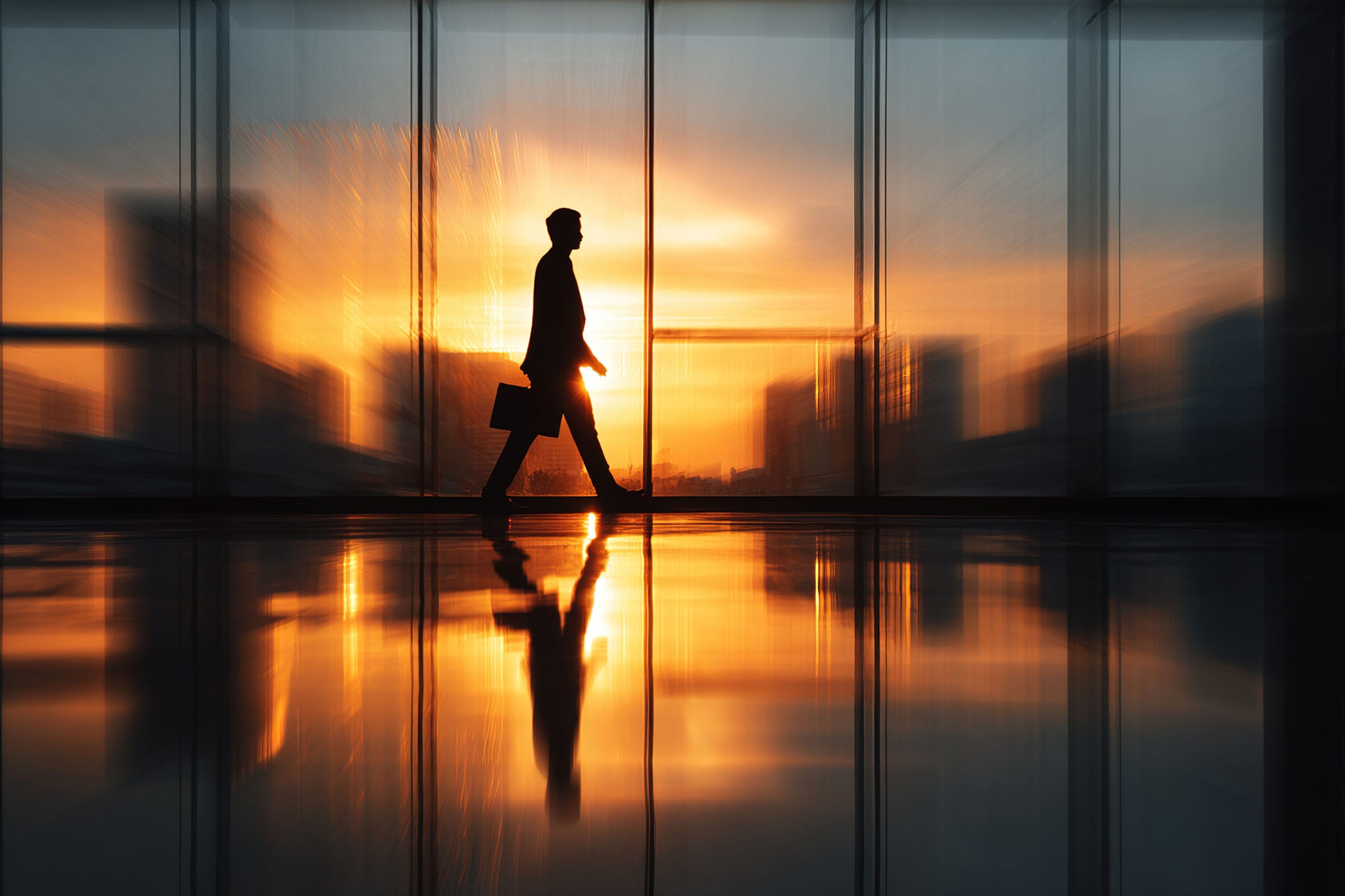 Businessperson walking through office at sunset